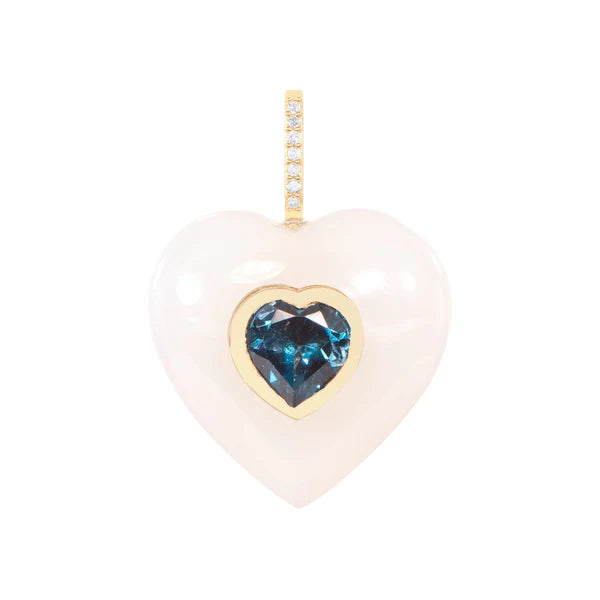 White Onyx and Blue Topaz Heart Pendant in Yellow Gold