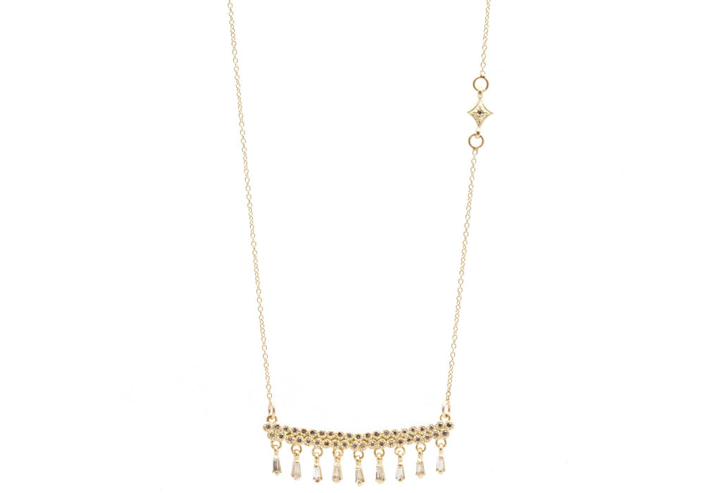 Sueno Double Bar Necklace with Champagne Diamonds and Sapphire Baguette Drops in Yellow Gold