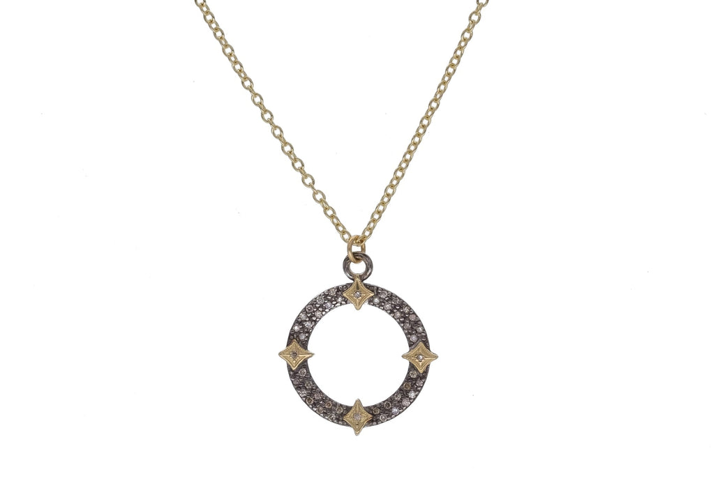 Old World Pave Diamond Circle Necklace in Silver and Yellow Gold