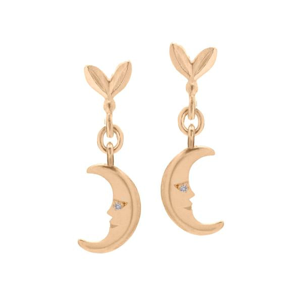 Olive and Moon Drop Earrings in Yellow Gold