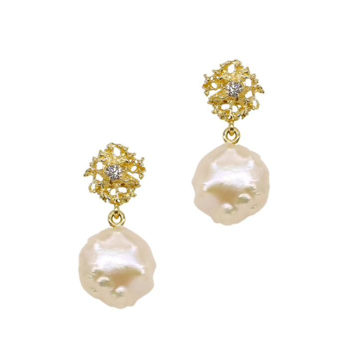 Gold Star Pearl Drop Earrings in Yellow Gold