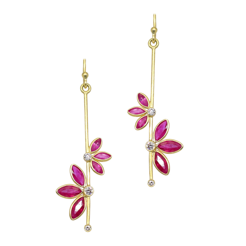 Echinacea Bloom Earrings with Ruby and Diamond in Yellow Gold