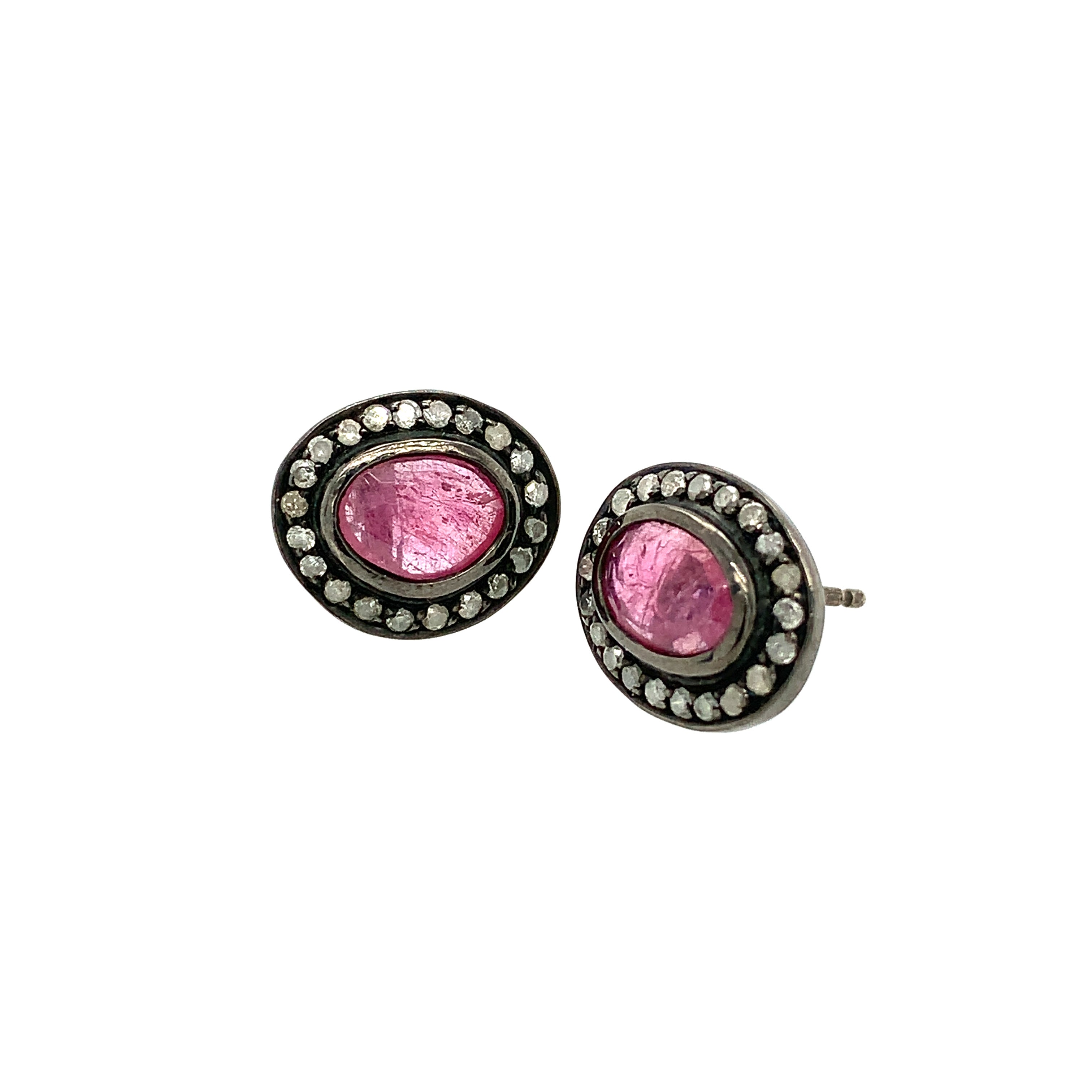 Ruby and Ice Diamond Studs in Blackened Silver