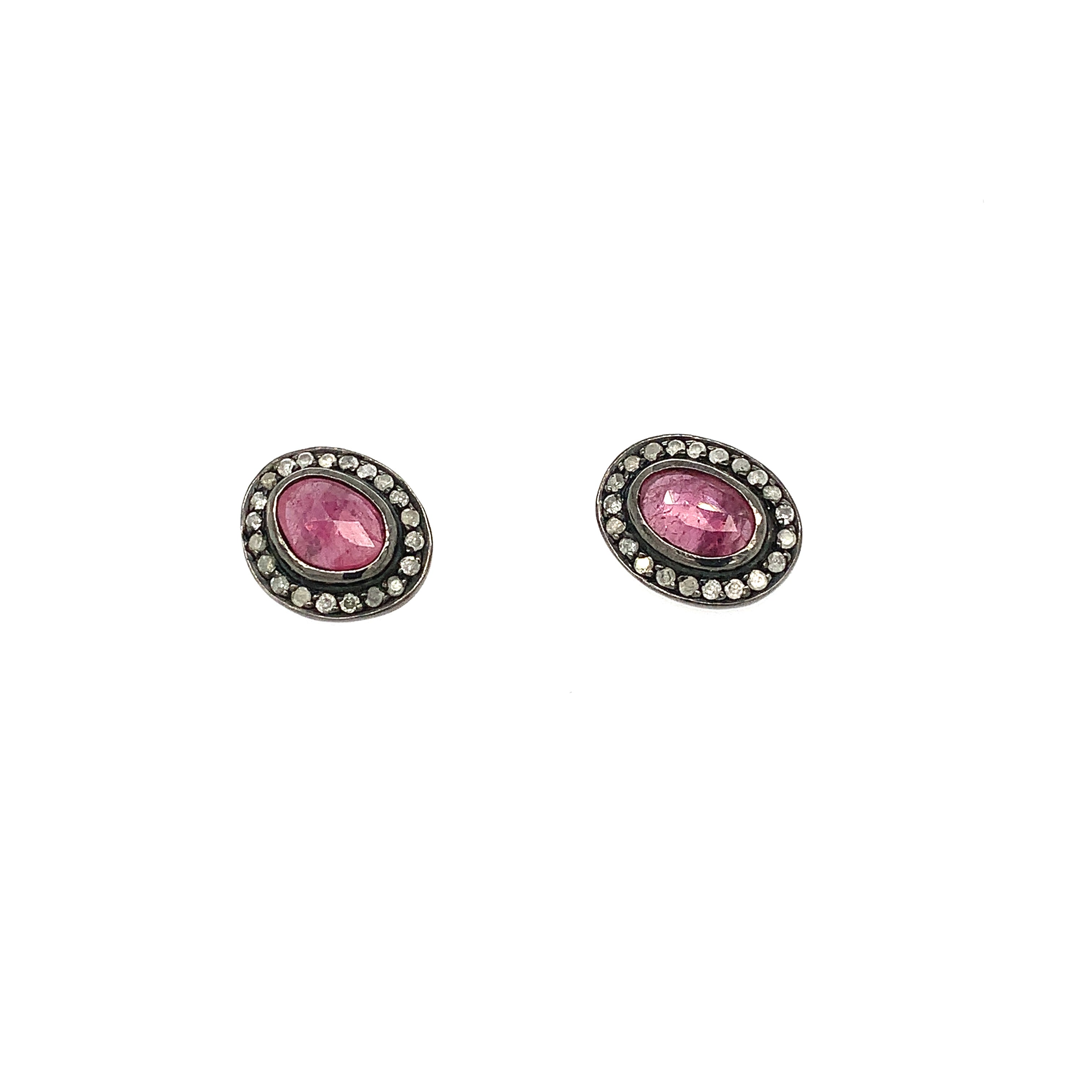 Ruby and Ice Diamond Studs in Blackened Silver