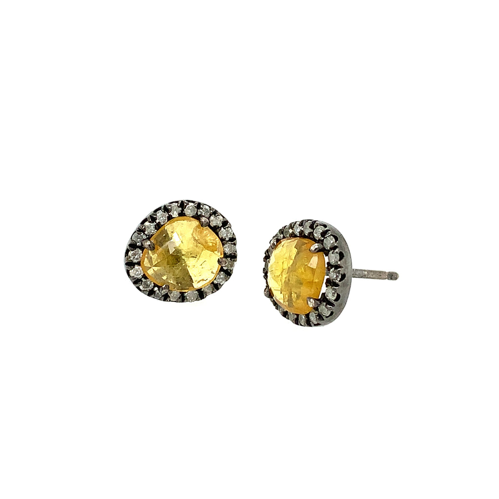 Yellow Sapphire and Ice Diamond Studs in Blackened Silver