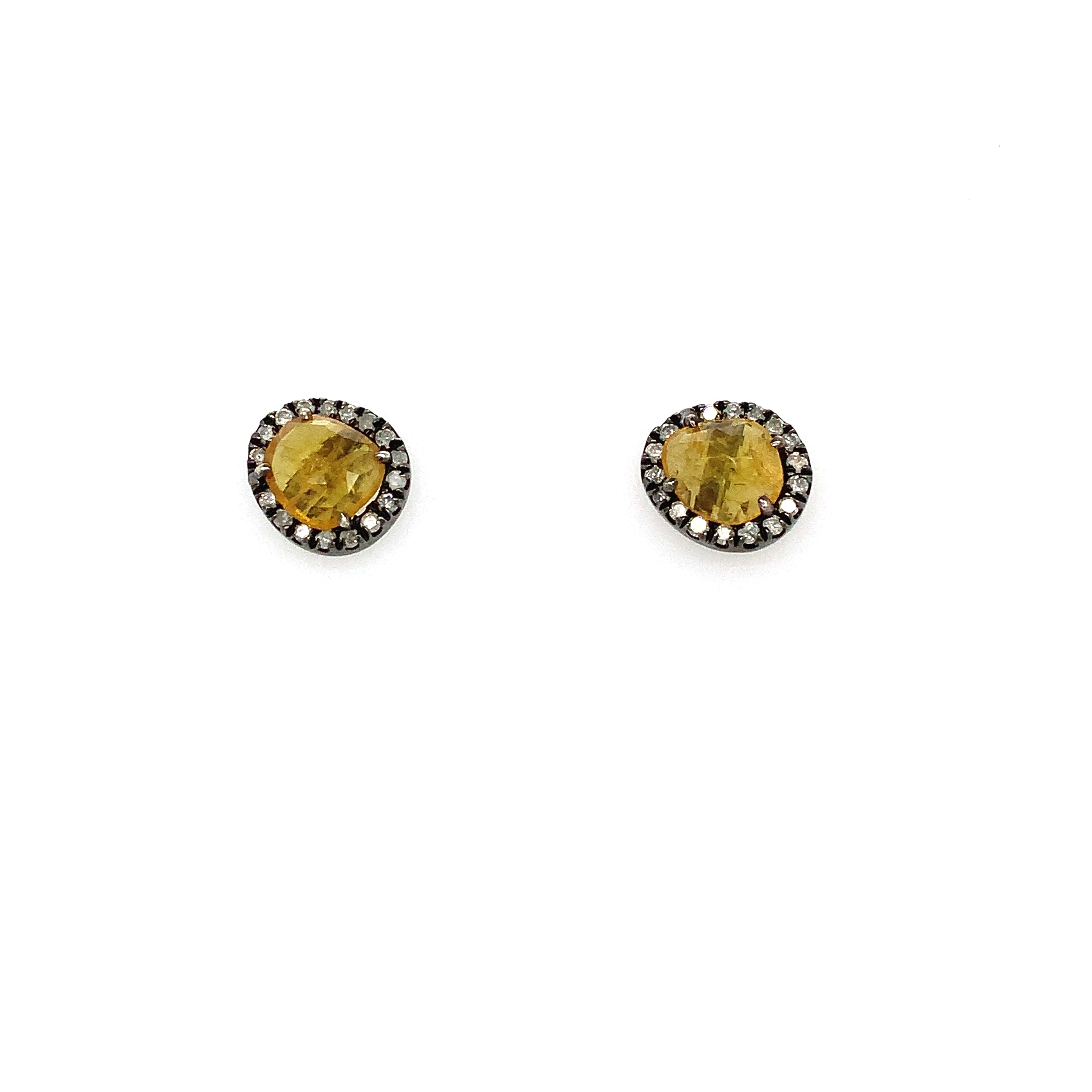 Yellow Sapphire and Ice Diamond Studs in Blackened Silver