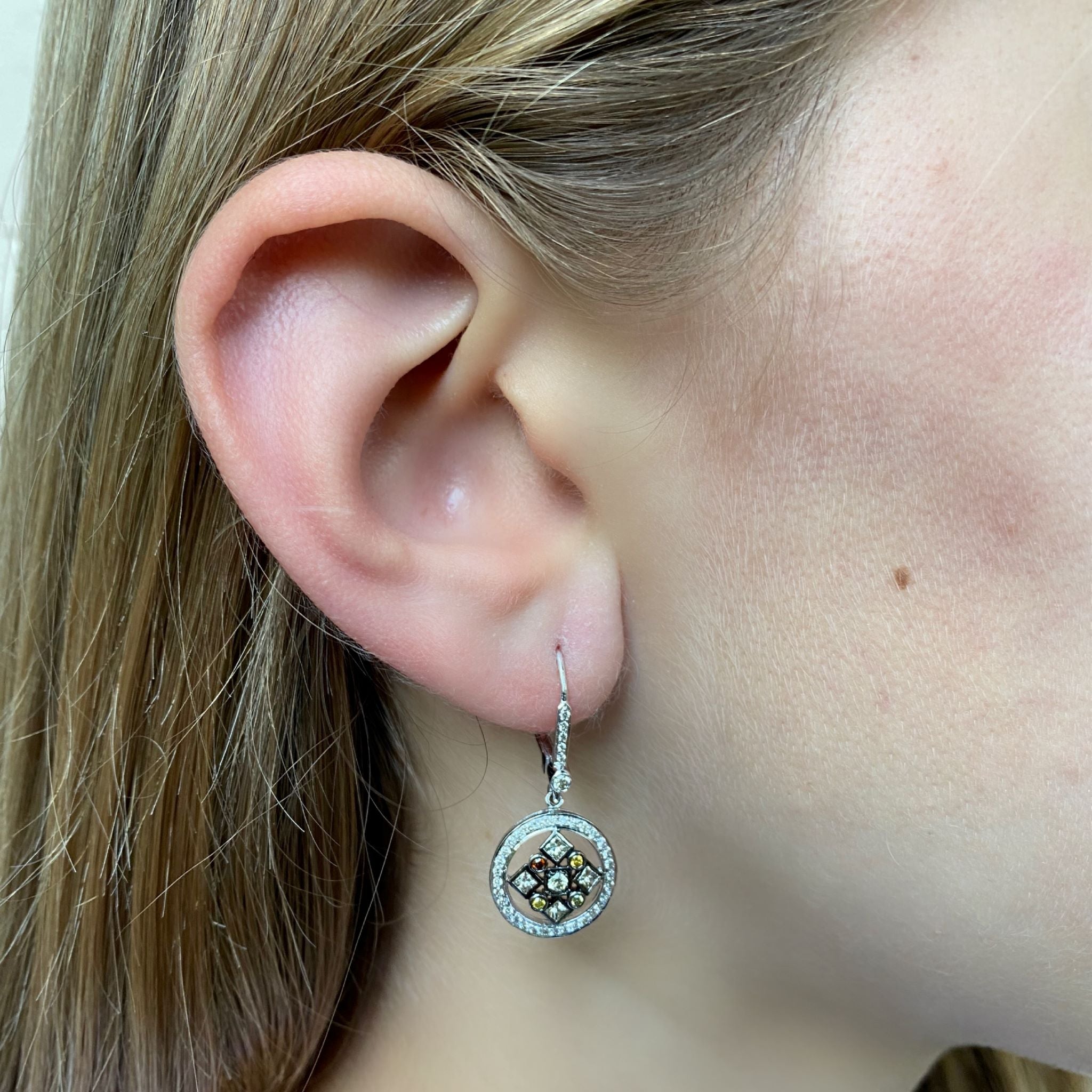 Art Deco Multi-Color and Princess Cut Diamond Drop Earrings