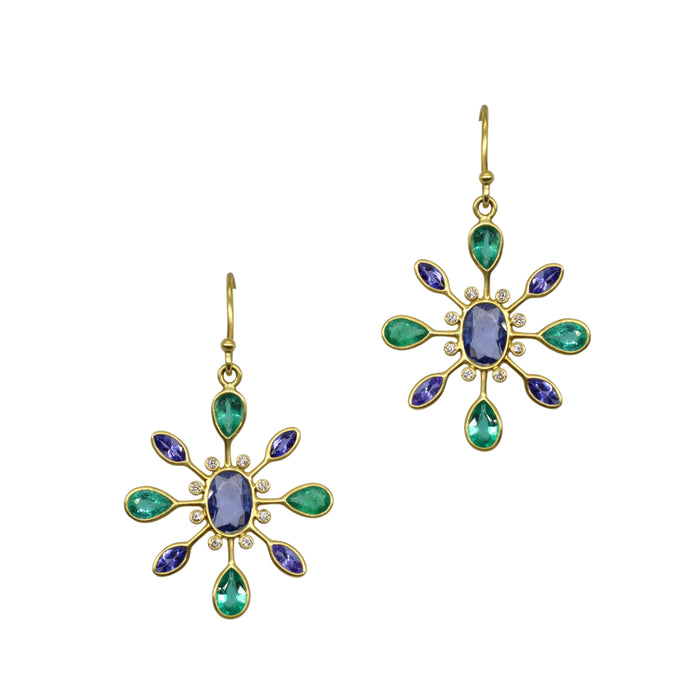 Blue Sapphire, Emerald, Tanzanite Petal Earrings with Diamond in Yellow Gold