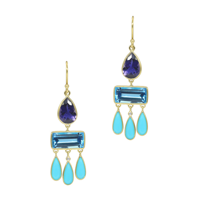 Iolite, Blue Topaz & Turquoise Chandelier Earrings