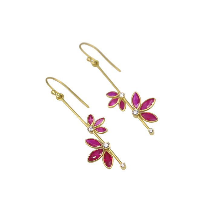 Echinacea Bloom Earrings with Ruby and Diamond in Yellow Gold