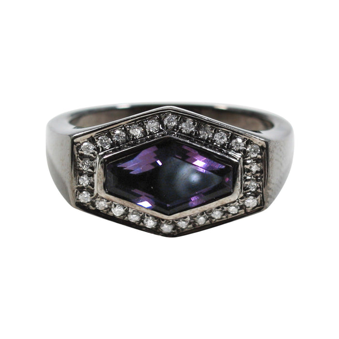 East-West Hex Amethyst and Diamond Ring in Blackened Silver