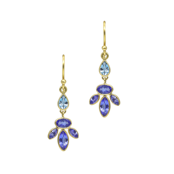 Echinacea Aquamarine and Tanzanite Drop Earrings in Yellow Gold