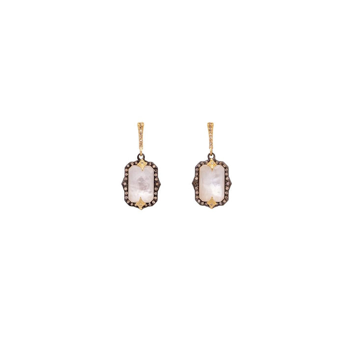 Old World Crivelli Drop Earrings with Mother of Pearl, White Quartz, and Champagne Diamonds