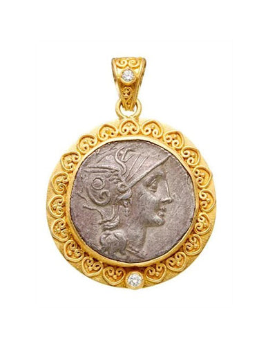 Bust of Roma Coin in Ornate Yellow Gold Bezel with Diamonds