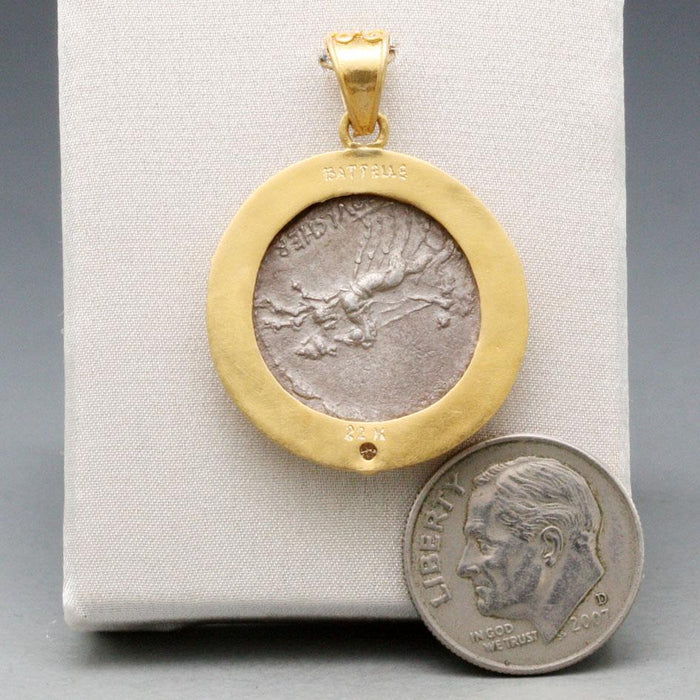 Bust of Roma Coin in Ornate Yellow Gold Bezel with Diamonds