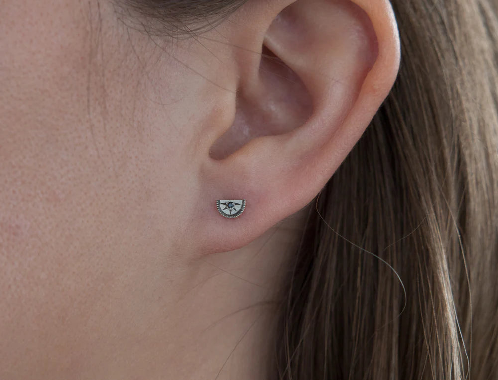 Mini Half Moon Diamond Studs in Sterling Silver