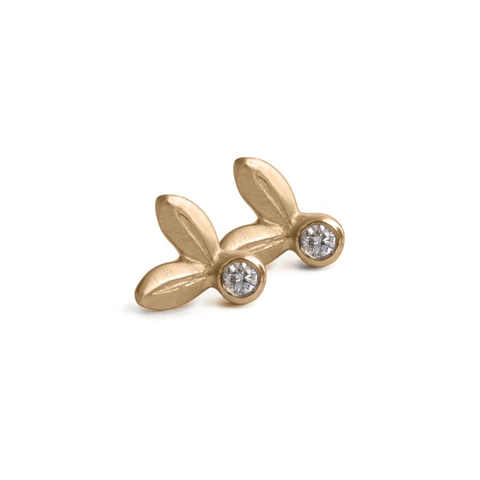 Olive Leaf Stud Earrings with Diamond in Yellow Gold