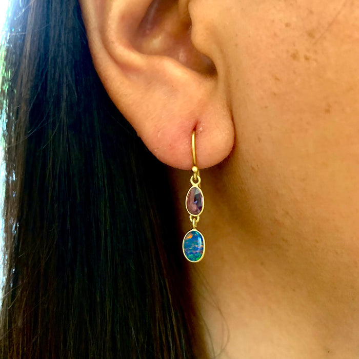Boulder Opal Pink Sapphire Earrings in Yellow Gold