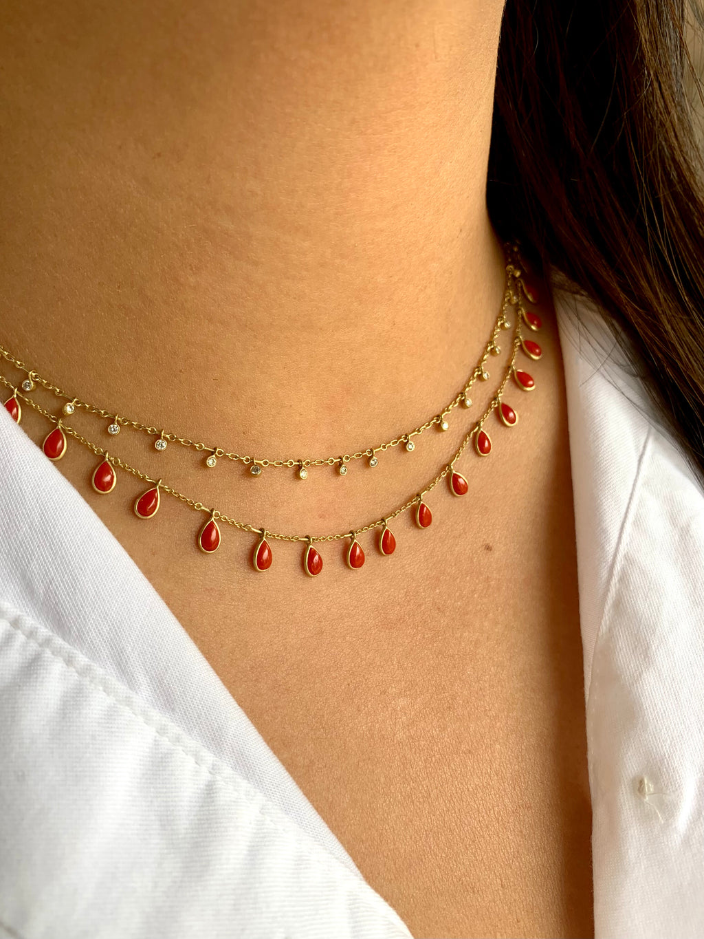 Coral Teardrop Demi-Fringe Necklace in Yellow Gold