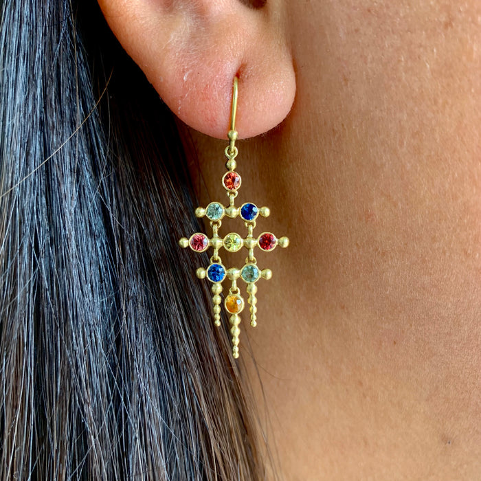 Jaali Multicolored Sapphire Chandelier Earrings in Yellow Gold