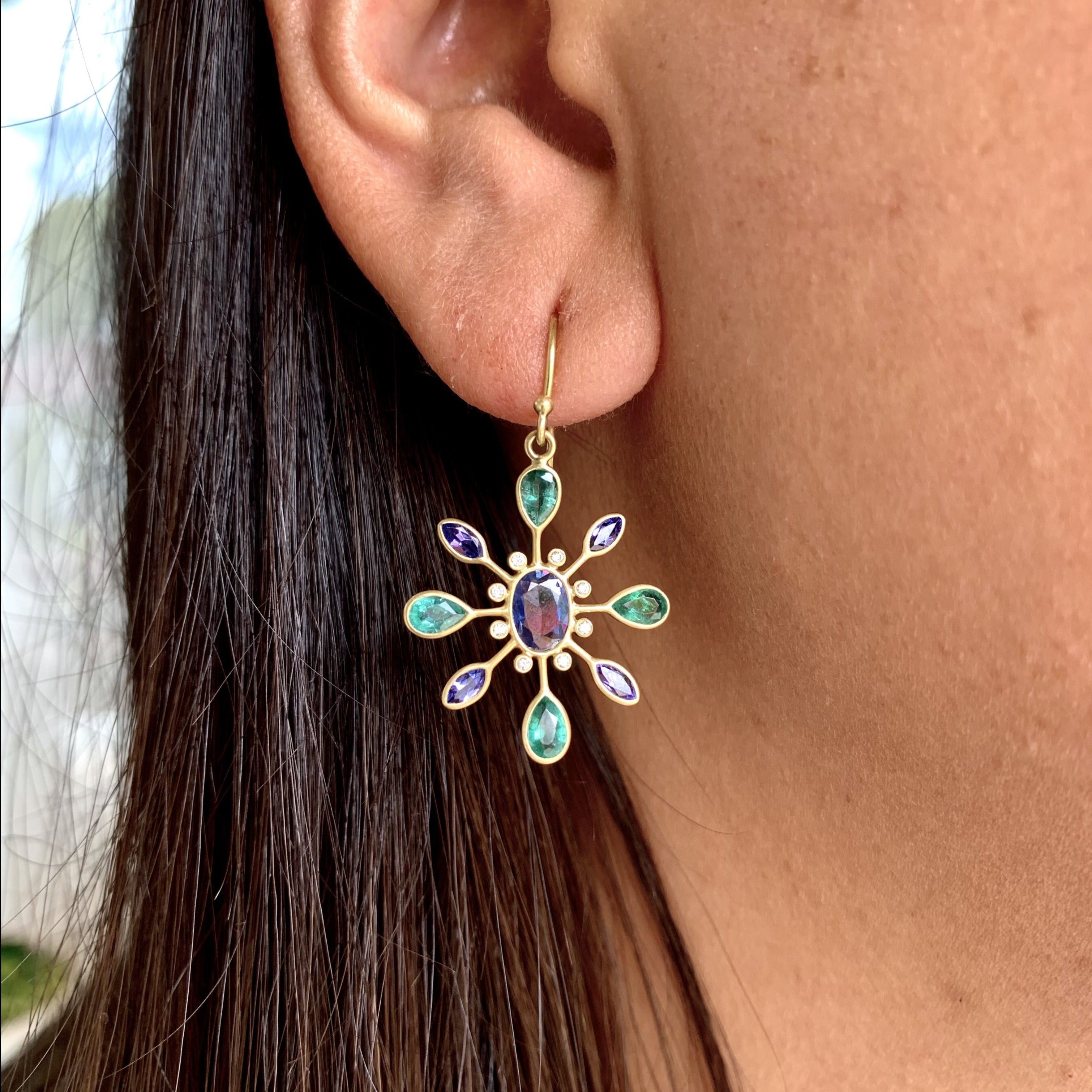 Blue Sapphire, Emerald, Tanzanite Petal Earrings with Diamond in Yellow Gold