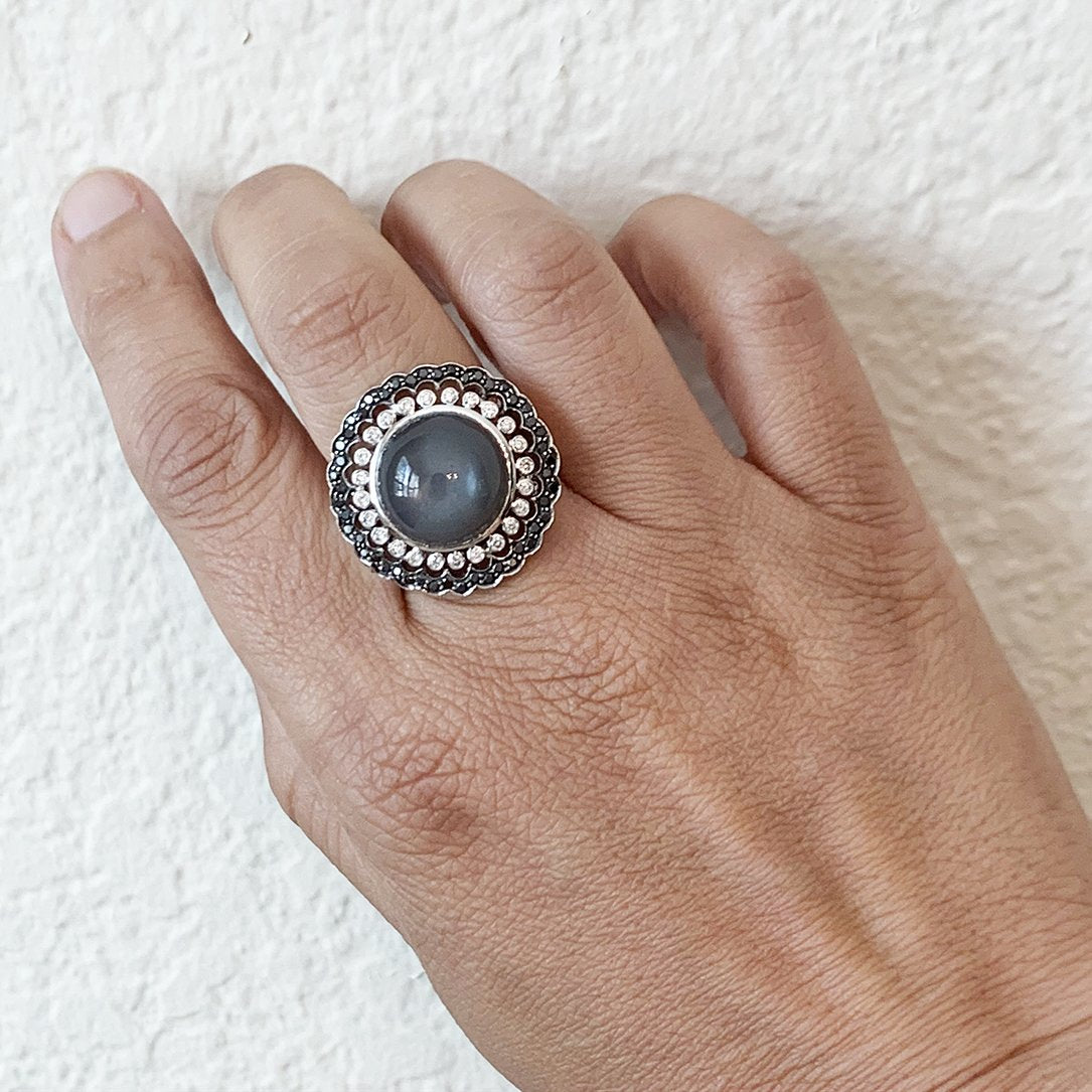 Moonstone White and Black Diamond Ring