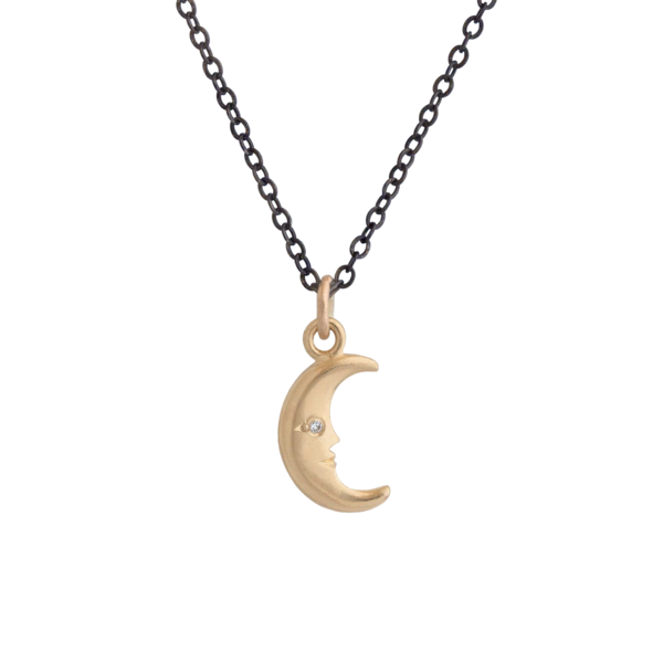 Moon Charm Pendant in Yellow Gold on Blackened Silver Chain