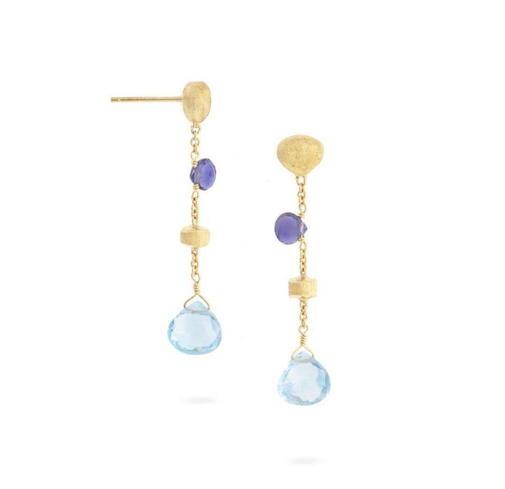 Paradise Iolite and Blue Topaz Short Drop Earrings in Yellow Gold