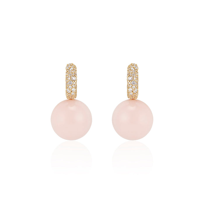 Pavé Mini Hoops with Large Pink Opal Drops in Yellow Gold