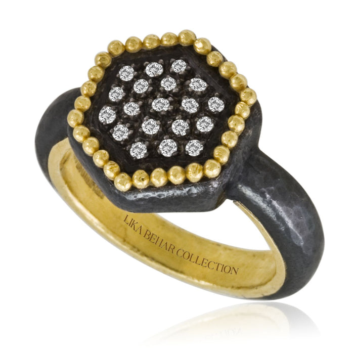 Sumerian Shield Diamond Ring in Yellow Gold and Oxidized Sterling Silver