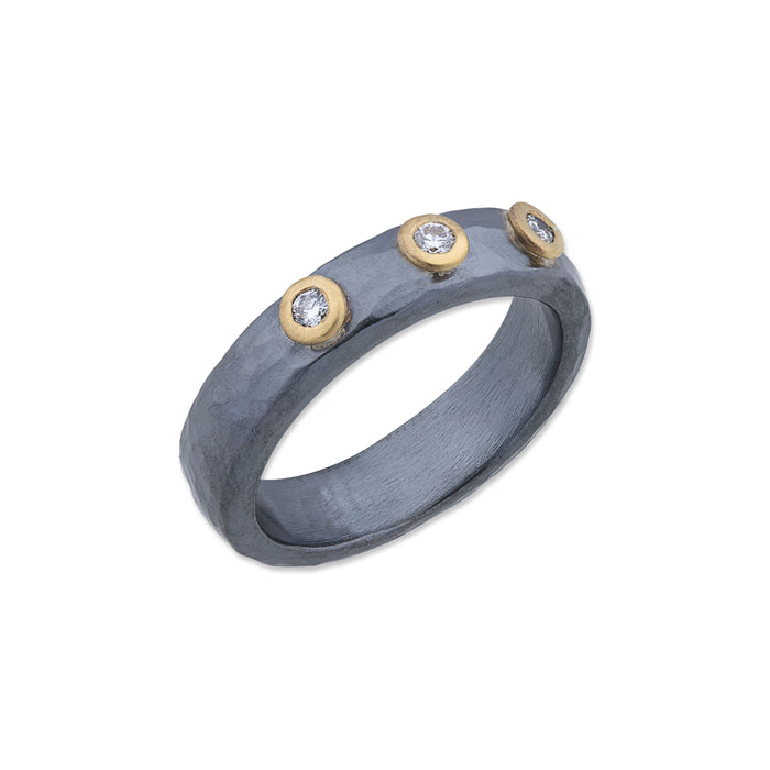 Stockholm Diamond Stacking Ring in Oxidized Sterling Silver and Yellow Gold
