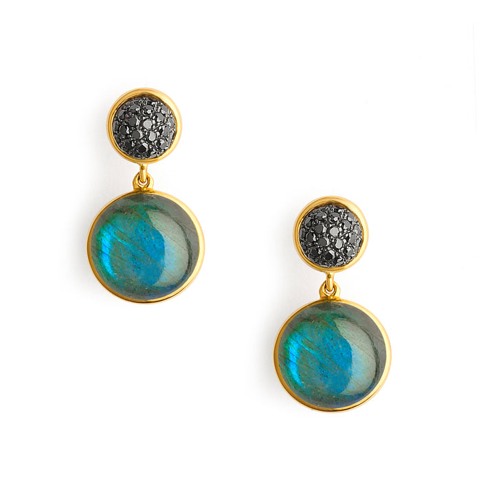 Candy Double Drop Labradorite and Black Diamond Earrings in Yellow Gold