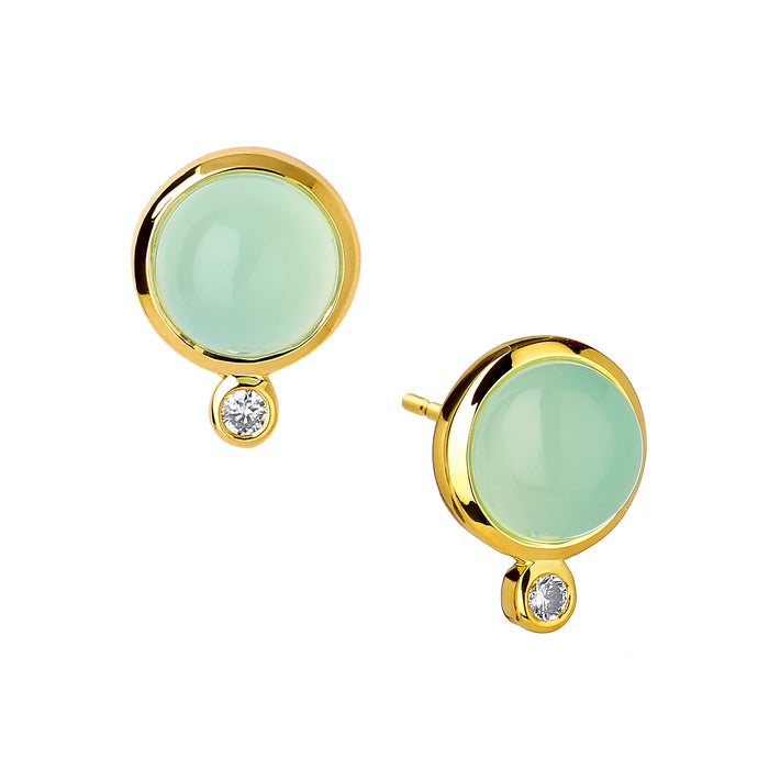Chakra Green Chalcedony and Diamond Stud Earrings in Yellow Gold