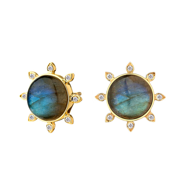 Cosmic Stud Earrings with Labradorite and Diamond in Yellow Gold
