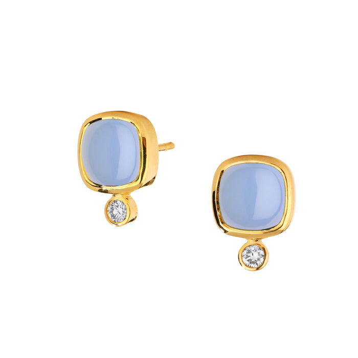 Sugarloaf Candy Blue Chalcedony and Diamond Earrings in Yellow Gold