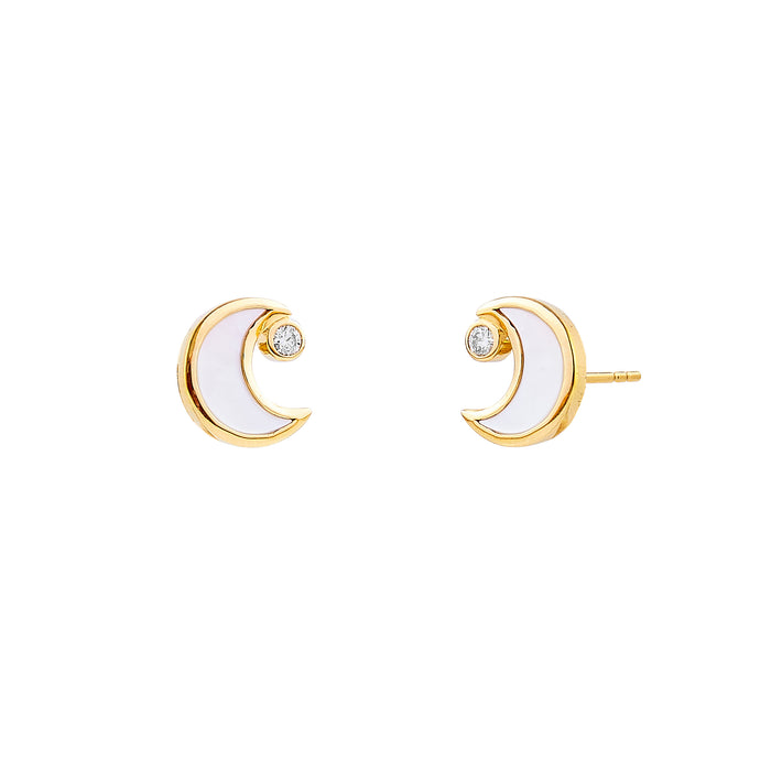 Cosmic Moon Mother of Pearl and Diamond Earrings in Yellow Gold