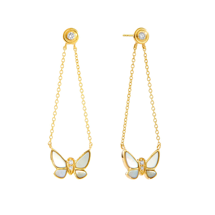 Jardin Mother of Pearl and Diamond Butterfly Earrings in Yellow Gold