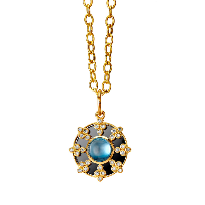 Oxidized Mogul Pendant with London Blue Topaz in Yellow Gold
