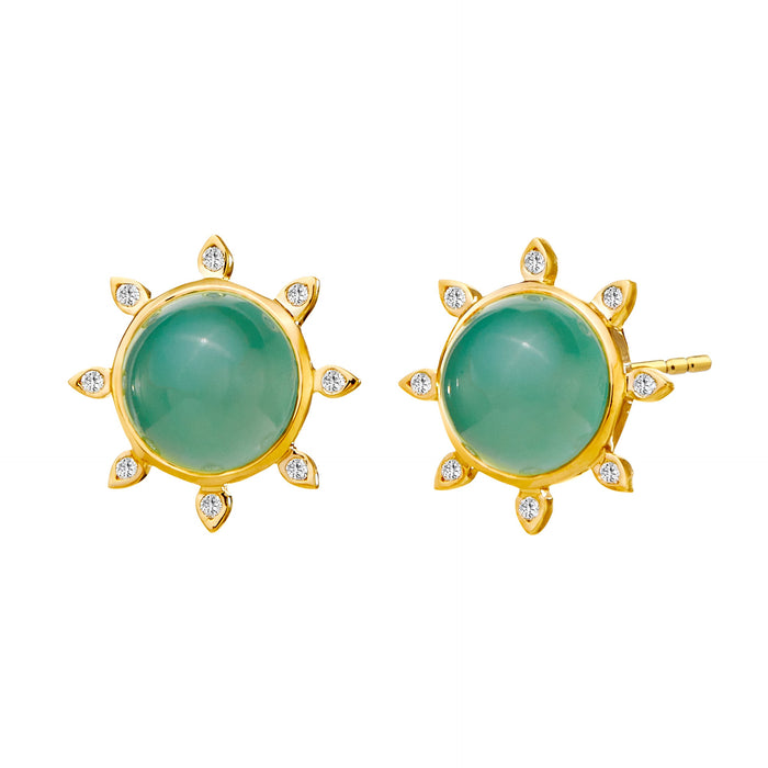 Cosmic Sun Earrings with Light Green Chalcedony and Diamonds in Yellow Gold