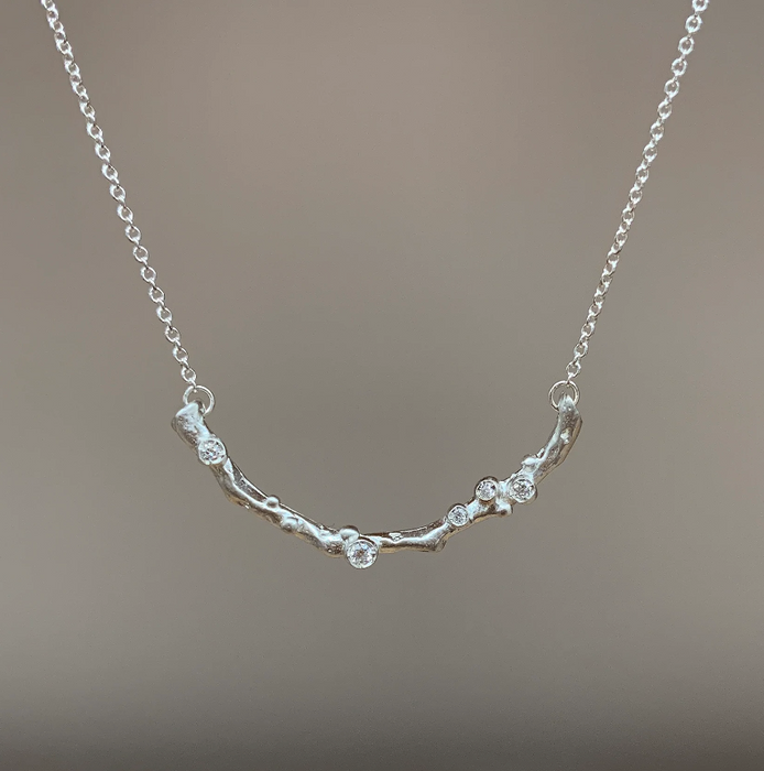 Encrusted Long Branch Necklace in Sterling Silver