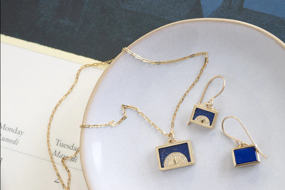 Lapis Sundial Shadowbox Pendant in Yellow Gold