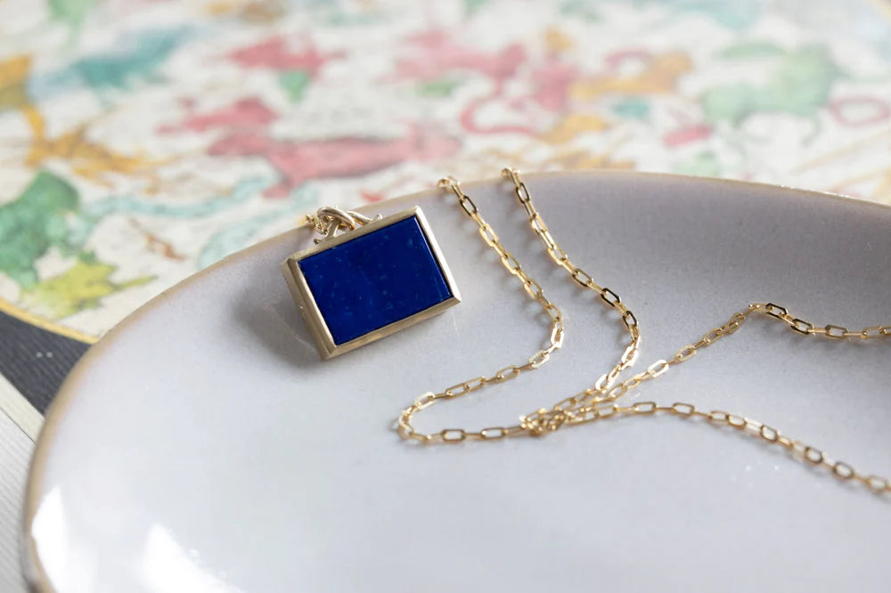 Lapis Sundial Shadowbox Pendant in Yellow Gold