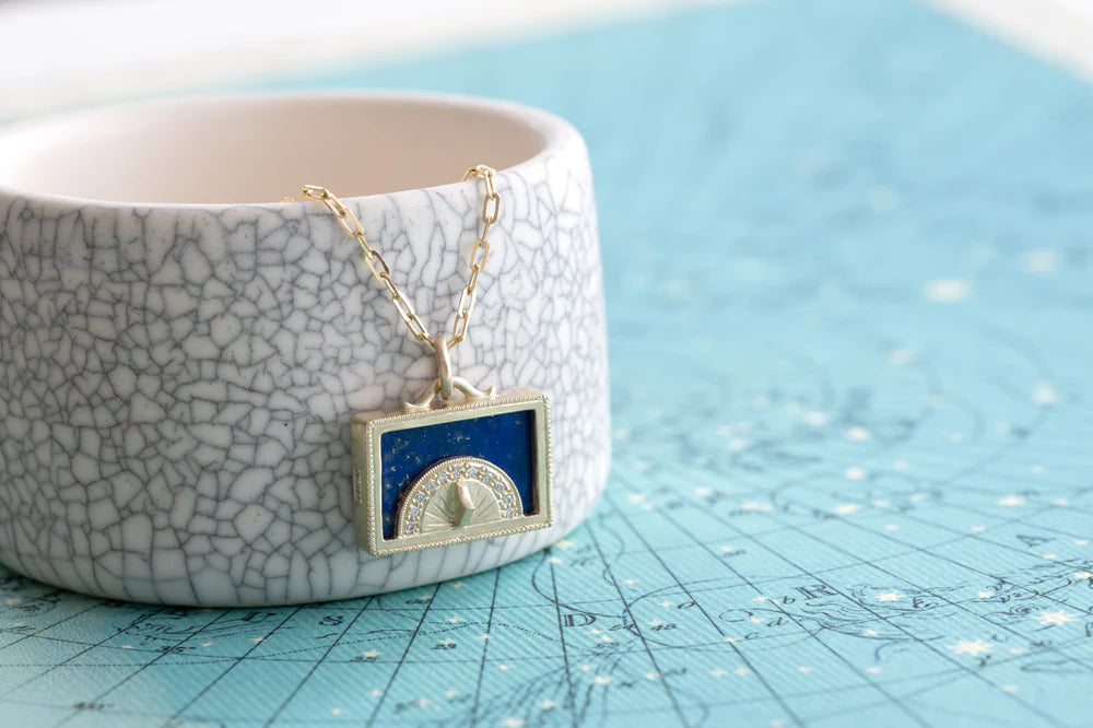 Lapis Sundial Shadowbox Pendant in Yellow Gold