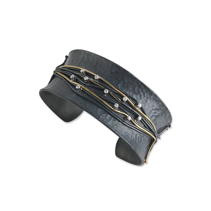 Wiredance Diamond Cuff in Oxidized Sterling Silver and Yellow Gold