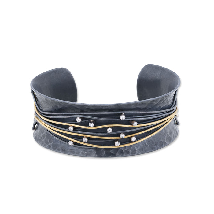 Wiredance Diamond Cuff in Oxidized Sterling Silver and Yellow Gold