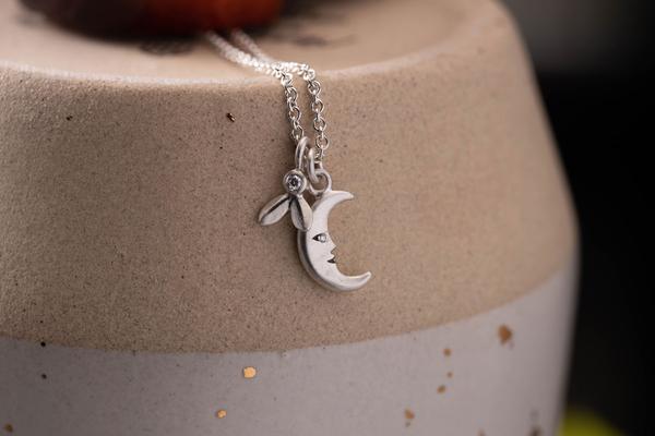 Olive and Moon Diamond Pendant in Sterling Silver