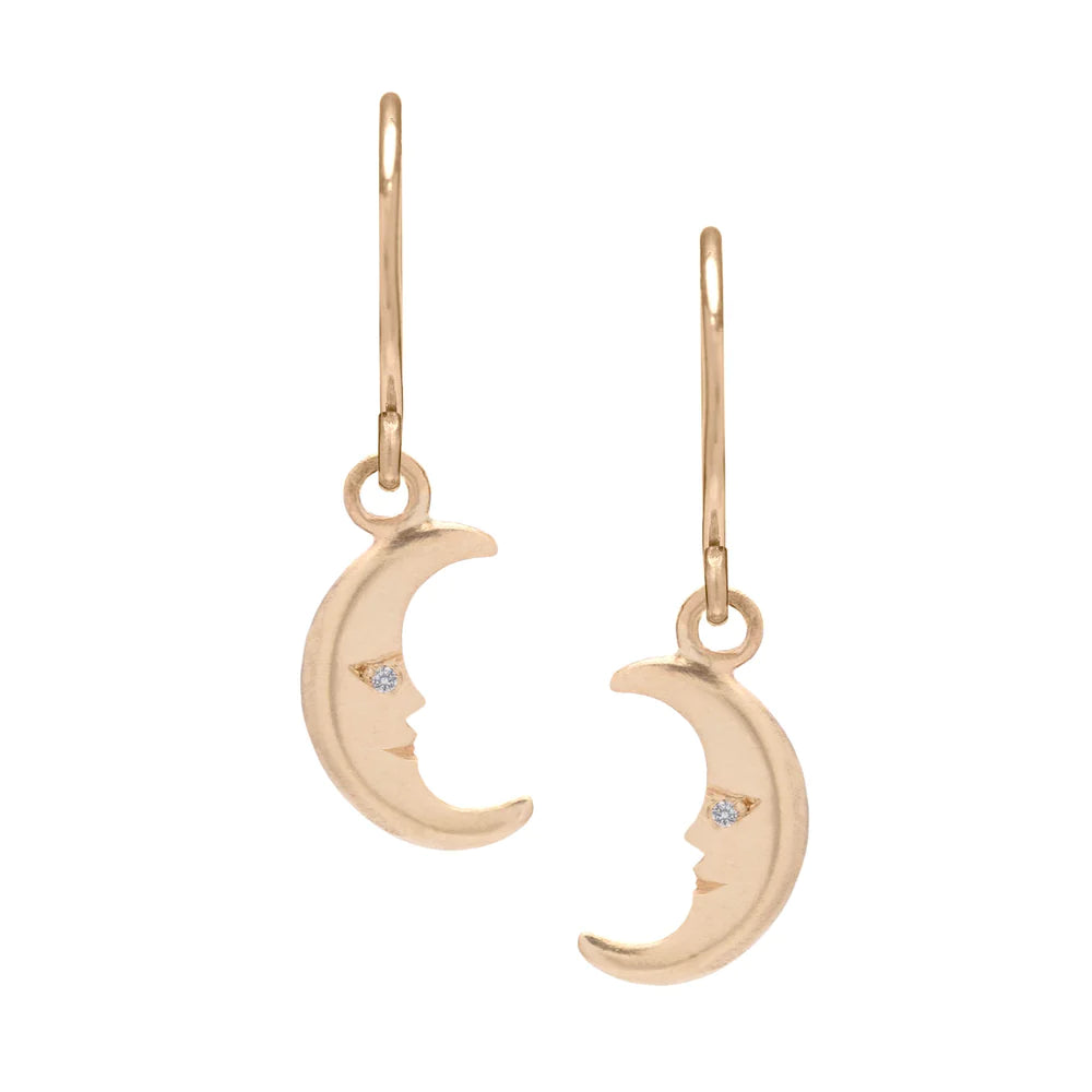 Gold Moon Charm Diamond Drop Earrings in Yellow Gold